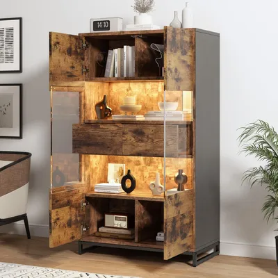 Image de Vitrine avec éclairage LED, vitrine d'exposition avec 2 tiroirs et façades en acrylique, meuble haut, armoire à vin, bibliothèque, couleur noire imitation bois, dimensions : 80 x 40 x 138 cm
