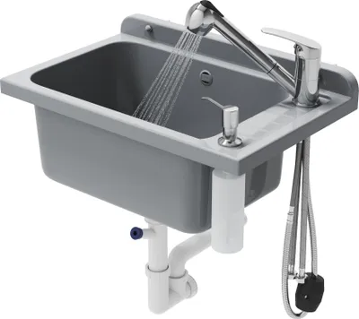Immagine prodotto di Granitan | Lavello MONZA - Grigio - Con rubinetto estraibile e dispenser di sapone - Ideale per garage e officine