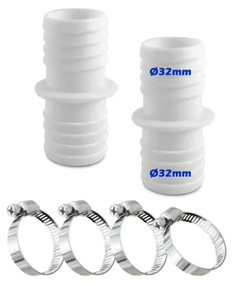 Zdjęcie produktu dla Zestaw złączek do węży 32 mm, kolor biały, zawierający 4 opaski zaciskowe ze stali nierdzewnej (2 sztuki)