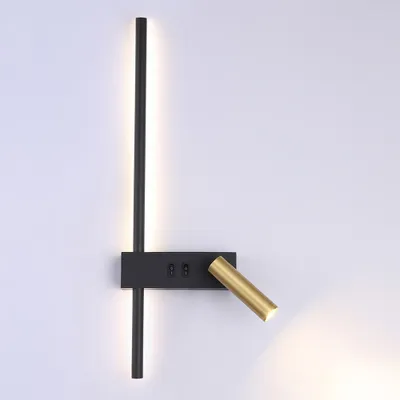 A modern wall lamp with a black vertical bar and a gold adjustable spotlight.