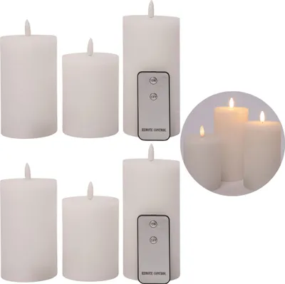 Produktbild von 6er Set Led Kerzen 7,5cm ø Kerze flackernde Flamme mit Fernbedingung WEISS 15 cm + 12,5 cm + 10 cm Höhe, LED Kerzen mit Timerfunktion, 3 AAA Batterien nötig, LED Echtwachs Stumpenkerzen warmweiß