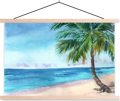 Produktbild von MuchoWow® Textilposter Strand - Palme - Meer 120x80 cm mit holzfarbenen Rahmen - Aufhängeset