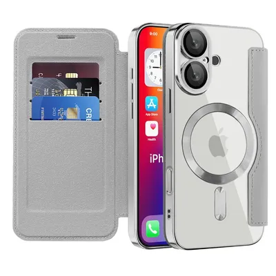Immagine prodotto di Custodia per iPhone 16 compatibile con MagSafe, custodia trasparente con portacarte, custodia in pelle con protezione per la fotocamera Argento