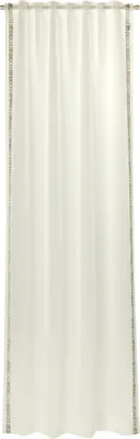 A full-length view of a white curtain hanging vertically.