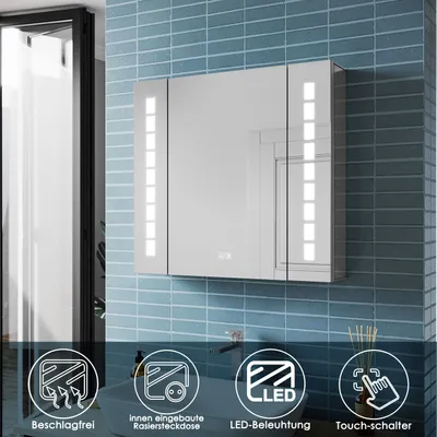 Obrázok produktu pre Hliníková zrkadlová skrinka SONNI 60 × 65 cm s dotykovým spínačom, LED osvetlením a ochranou proti zahmlievaniu so zásuvkou na holiaci strojček