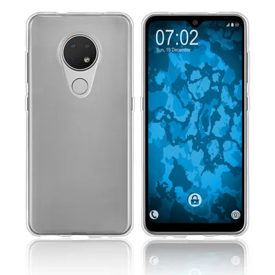A clear silicone phone case is shown from the back and front, with the phone screen displaying the time and date.