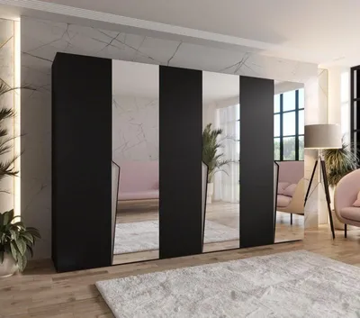 Obrázok produktu pre Veľká zrkadlová šatníková skriňa 300 cm SORAYA 2 - čierna / kašmírové úchyty