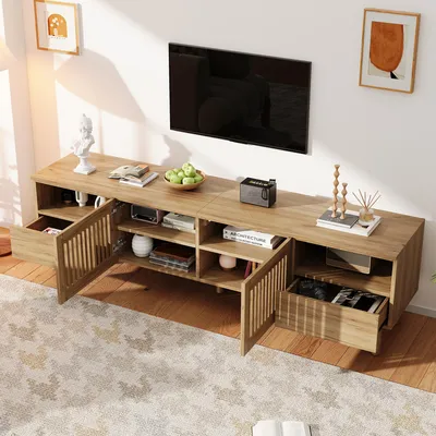 Immagine prodotto di Mobile TV a basso profilo con 2 ante a griglia e 2 cassetti, mobile TV con vani aperti, mobile TV in MDF con gambe in legno massello