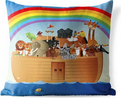 Produktbild von MuchoWow® Outdoor Kissen - Eine Illustration von Noahs Arche unter dem Regenbogen - 60x60 cm - Wetterfest - Lounge Kissen - Dekoration - Schlaf Kissen