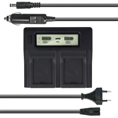 Produktbild von Dual Akku-Ladegerät kompatibel mit GoPro AHDBT-001 - mit USB-Anschluss, LCD-Display und Kfz-Ladekabel - Schnellladegerät