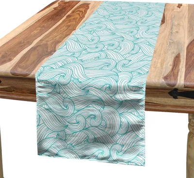 Produktbild von ABAKUHAUS Türkis Tischläufer, Ozean-themenorientierte Wellen-abstrakte Strudel Curlicues-Linien dekorativer Weinlese-Sommer, 40 x 180 cm, Blassblau Weiß
