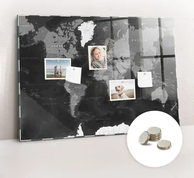 Obrázek produktu pro Magnetická Tabule na Zeď Skleněná - Memo Board Kleněnou Přední Stranou - 5 magnetů v balení - 100x70 cm - Černá mapa světa