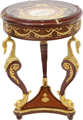 Produktbild von Casa Padrino Barock Mahagoni Beistelltisch mit Glasplatte Braun / Gold Ø 55 x H. 78 cm - Prunkvoller runder handgefertigter und handbemalter Tisch mit wunderschönen Verzierungen