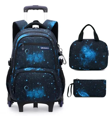 Image de Sac à dos scolaire à roulettes, ensemble 3 pièces avec sac à déjeuner et trousse, couleur bleue