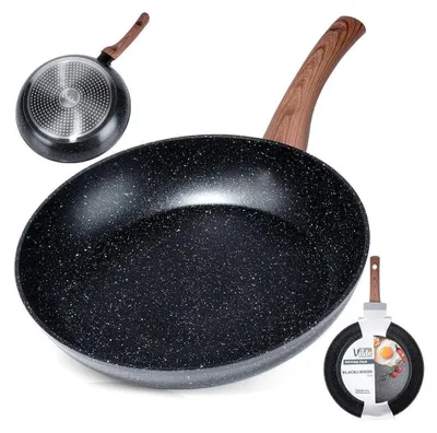 A frying pan with a wooden handle, shown from multiple angles and with a small inset image of the pan with food.