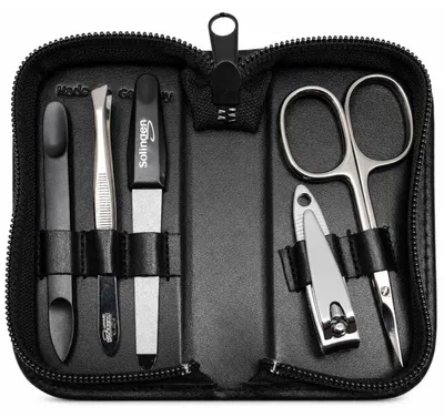 Produktbild von Maniküre Set 5-teilig mit Solingen Instrumenten, Echtleder-Etui  Germany, Nagelpflege Set für Damen & Herren, Nagel- und Hautschere, Pinzette, Saphirnagelfeile Schwarz