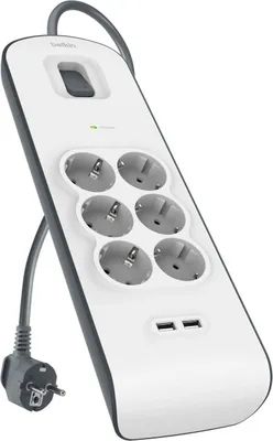 Productafbeelding van Belkin stekkerdoos met 6 stopcontacten + 2x USB-A poorten, 2 meter kabel. Model: BSV604vf2M-V2