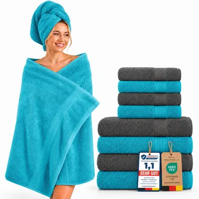 Produktbild von Komfortec 8er Handtuch Set aus 100% Baumwolle, 4 Badetücher 70x140 und 4 Handtücher 50x100 cm, Frottee, Weich, Towel Groß Anthrazit Grau/Türkis