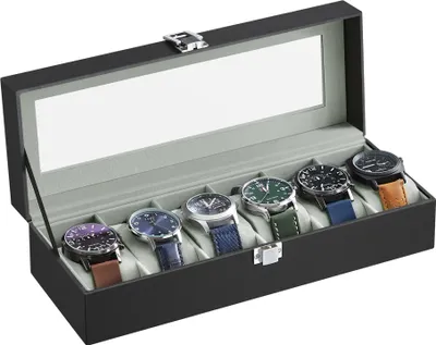 Produktbild von SONGMICS Uhrenbox für 6 Uhren, Uhrenkasten mit Glasdeckel, Uhrenkoffer mit Schloss