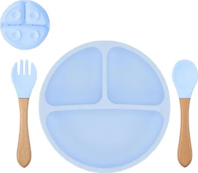 Produktbild von Babyteller Kinderteller mit Saugnapf Teller mit Löffel Gabel Silikon BPA Frei, Farbe:Hellblau