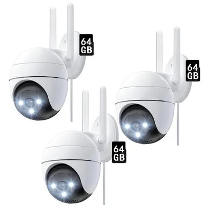 Produktbild von Überwachungskamera, 355°/120° HD WLAN IP, Wasserdicht, Außenbereich mit Farbiger Nachsicht, Bewegungserkennung 64GB 3PCS