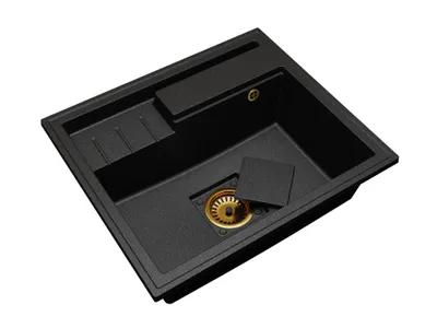 Zdjęcie produktu dla Zlewozmywak granitowy jednokomorowy Elite 6052 - Czarny Nakrapiany - Maskownica Odpływu - Złoty syfon + Pasująca deska do krojenia