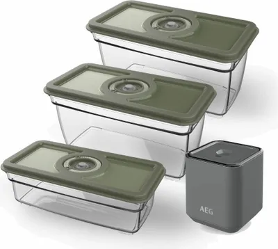 Immagine prodotto di AEG Vakuumier-Set Fresh Kit+, 3 Vakuumbehälter mit Pumpe, Frischhaltedosen, 2 x 1 L + 1.6 L, AVFK1+