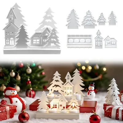 Produktbild von 7-teiliges Silikon-Weihnachtsformenset mit Formen für Häuser, Kerzenhalter, Weihnachtsbäume und Gipsformen für Bastelprojekte, Kerzen und Gips.