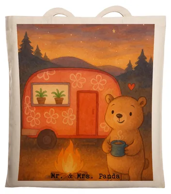 Produktbild von Mr. & Mrs. Panda Tote Bag Bär Camper Design - Weiß - Geschenk, Jutebeutel, Schultasche, Shopping Tasche, Urlaub, Zelten, Campingplatz, Laptoptasche, Roadtrip, Wohnmobil