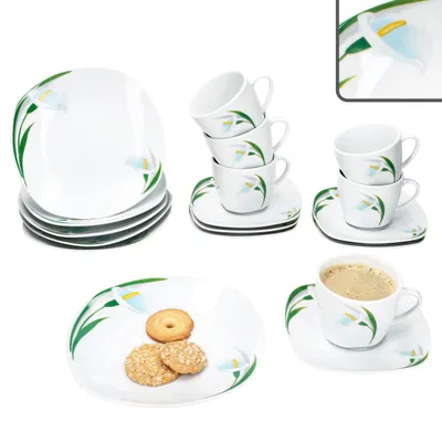 Image de 18pcs Service à café White Calla Porcelaine Tasses Soucoupes Assiettes Fleurs blanches