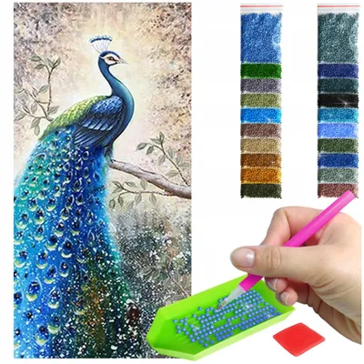 Produktbild von ARTULIO - Diamond Painting Set - Blauer Pfau auf Ast - 80 x 40 cm - Groß XXL - Bilder DIY, Home Wand Deko, Komplettset Mosaik + Zubehör