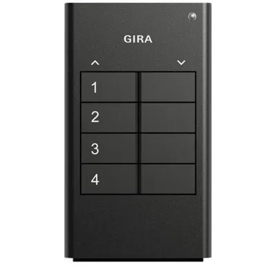 Zdjęcie produktu dla GIRA 535410, Typ: Ręczny, Interfejs: Bezprzewodowy RF, Technologia transmisji: Bezprzewodowa. Technologia baterii: Litowa, Typ akumulatora/baterii: CR 2450N, Napięcie robocze: 3 V. Szerokość: 53 mm, Głębokość: 15,5 mm, Wysokość: 93 mm (535410)