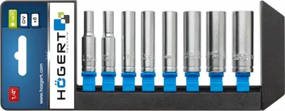 Produktbild von HÖGERT TECHNIK Steckschlüsselsatz 8tlg, 1/4", 5.5-13mm Steckschlüssel Chrom-Vanadium-Stahllegierung Steckschlüssel Set Werkzeug Kasten Lang, Schwarz/blau/grau