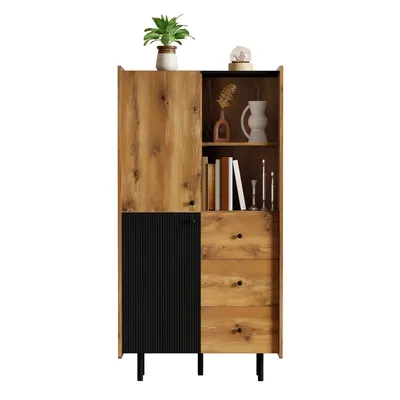Produktbild von LVHOM Highboard mit Schubladen und Türen, Bücherschrank Hochkommode mit offene Regale,  Hochschrank Bücherregal Standvitrine, Eiche/Schwarz