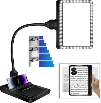 Immagine prodotto di Lente d'ingrandimento 4x con luce e stativo, collo flessibile con 36 LED, luminosità regolabile, lampada da ufficio