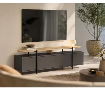 Image de HINOA, meuble TV avec 4 portes, en chêne/noir mat, avec étagère supérieure, compartiment ouvert central, pieds en métal, 160 cm