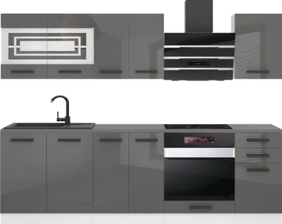 Produktbild von Belini Küchenzeile Küchenblock Margaret - Küchenmöbel 240 cm Einbauküche Vollausstattung ohne Elektrogeräten mit Hängeschränke und Unterschränke, ohne Arbeitsplatten, Silber Hochglanz