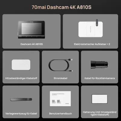 Produktbild von 70mai Dashcam Auto 4K A810S mit Starvis 2 IMX678 Bildsensor, HDR, Superkondensator, 3.0" Bildschirmgröße, Eingebautes GPS, ADAS