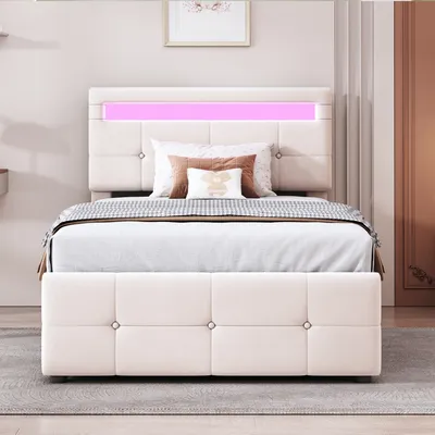 Produktbild von MODFU Boxspringbett Hydraulisches 90x200 cm mit LED-Beleuchtung, Polsterbett Stauraumbett mit Bettkasten Stauraum, Beige(Ohne Matratze)