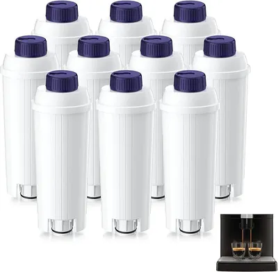 A collection of water filters with purple caps arranged in rows on a white background.