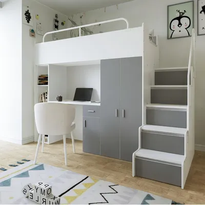 Produktbild von Marlux-Meble Hochbett Kinderbett JSM-4 90x200 mit Kleiderschrank Schreibtisch und Treppe Matt Kinderbetten Funktionsbett Etagenbett Stockbett Kinderhochbett Jugendhochbett (Graphit Matt)