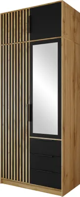 Produktbild von MIRJAN24 Kleiderschrank Tytus Lux D2 mit Schrankaufsatz, Garderobe mit 5 Drehtüren und 3 Schubladen, Aluminumgriffe, Kleiderstange, Frontspiegel (Farbe: Eiche Wotan / Schwarz + Eiche Wotan)