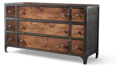 Immagine prodotto di Comodino industriale, mobile contenitore a buffet con 9 cassetti, design vintage, legno e metallo