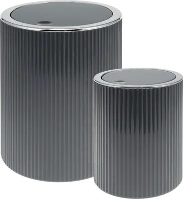 Immagine prodotto di bremermann Set di 2 secchi per cosmetici gavello con coperchio ribaltabile | Mini secchio da bagno da 1,5 l e 5,5 l con decorazione scanalata, plastica grigia, rotondo
