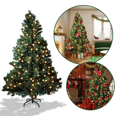 A collage of images showing a Christmas tree decorated with lights and ornaments, and also showing the tree in different settings with gifts.