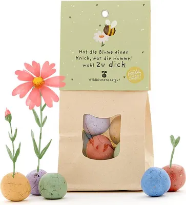 Produktbild von Hat die Blume einen Knick – Bunte Blumenmurmeln mit Wildblumen-Saatkugeln – Lustiges Geschenk & Mitbringsel – Nachhaltig verpackt – 8 Saatkugeln für bunte Blüten
