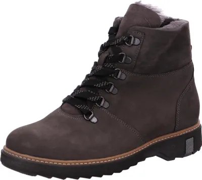 A single brown leather boot with black laces and a black sole, isolated on a white background.