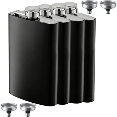 Productafbeelding van Roestvrijstalen heupfles met trechter in set - Set van 4 - 8 oz (237 ml) - Zwart - Mat - Roestvrij staal - Draagbaar - Lekvrij