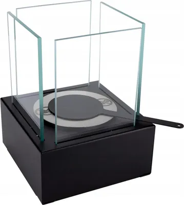 A freestanding bio-fireplace with a black base and glass enclosure.