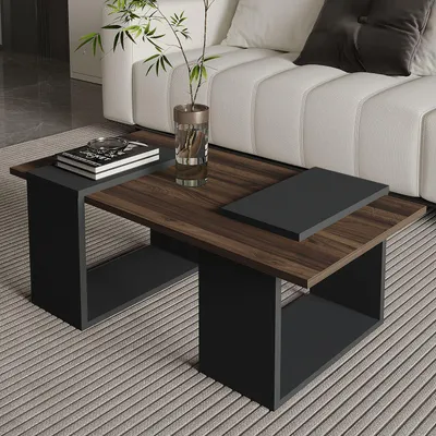 Produktbild von Skye Decor, Hochwertiger Couchtisch, Walnuss und Anthrazit, 90 x 37 x 46,6 cm | 100% melaminbeschichtete Spanplatte, 18 mm dick | Ideal für modernes Wohnen, elegant und funktional.